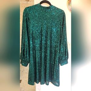 Mock Neck, Long Sleeve, Green Sequined Mini Dress